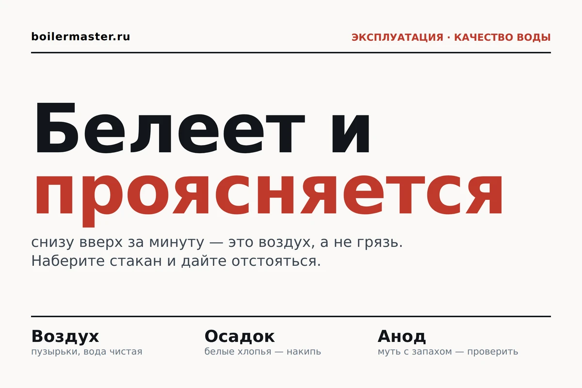 Стакан белёсой воды из бойлера, который отстаивается и становится прозрачным