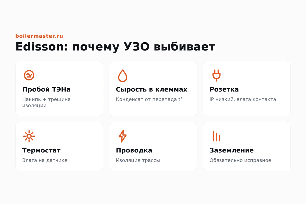 Клеммный узел водонагревателя Edisson со следами конденсата и мультиметр для проверки утечки