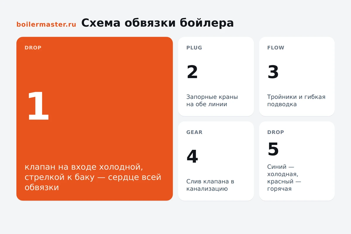 Схема обвязки водонагревателя с клапаном и запорными кранами