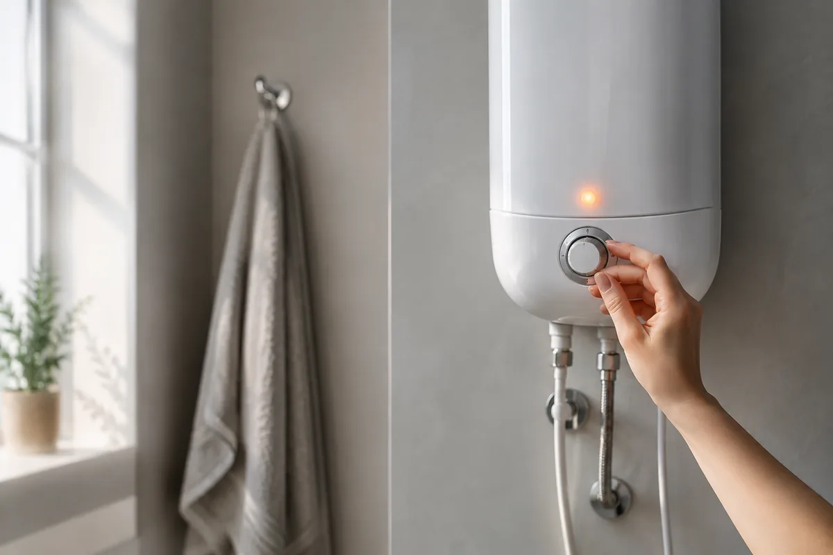 Рука настраивает температуру на панели водонагревателя Electrolux