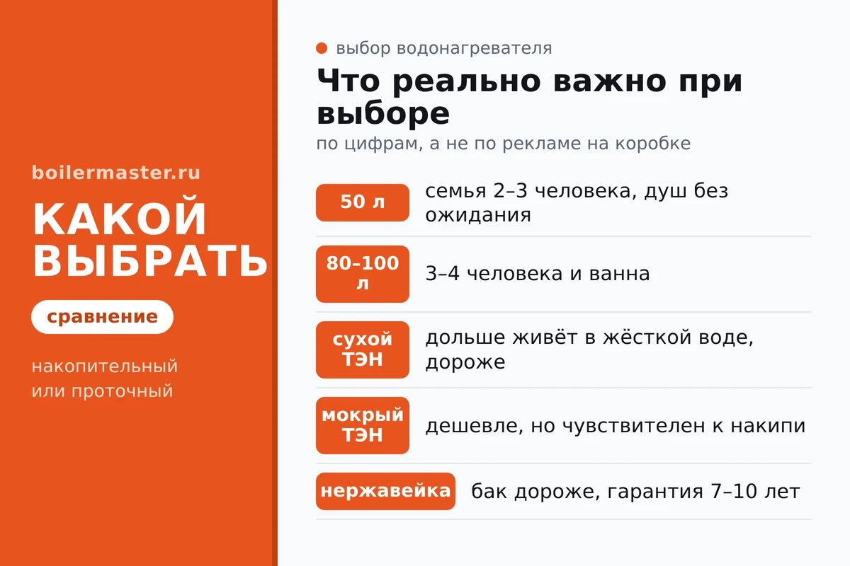 Инфографика: как выбрать водонагреватель по объёму, типу ТЭНа и материалу бака
