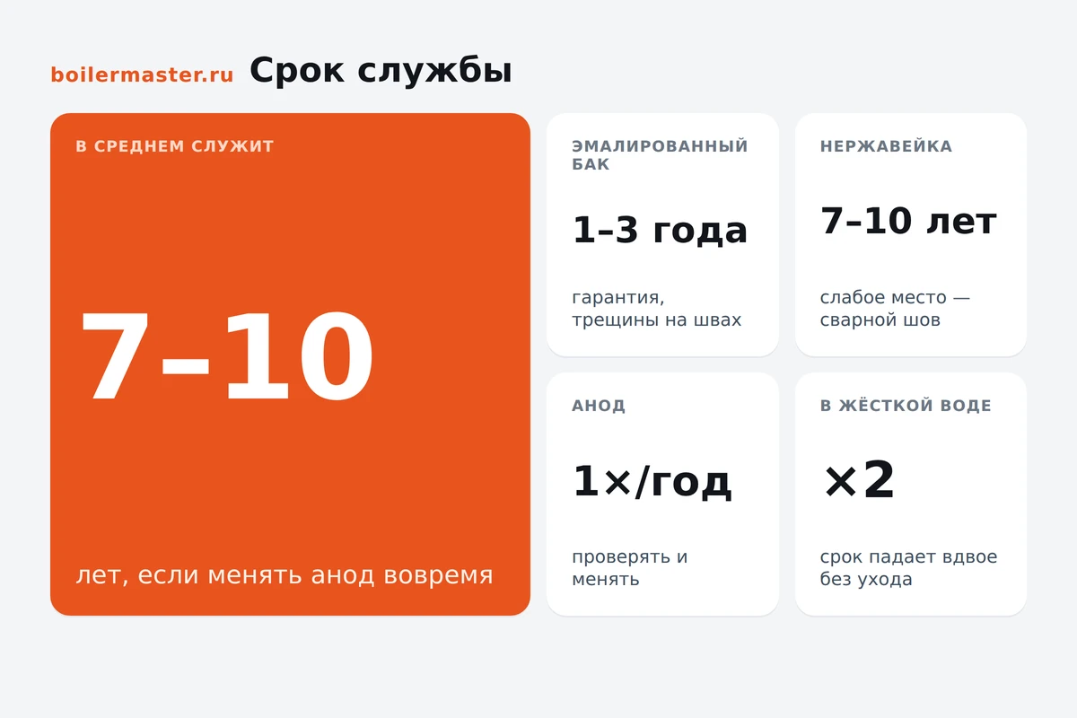 Инфографика: срок службы водонагревателя по типу бака и роль анода