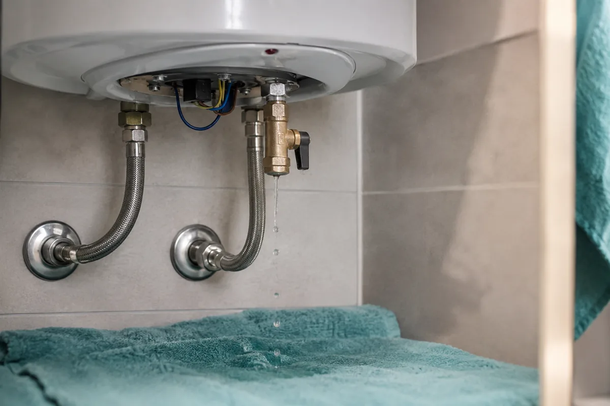 Нижняя часть водонагревателя Gorenje с фланцем, предохранительным клапаном и следами течи воды