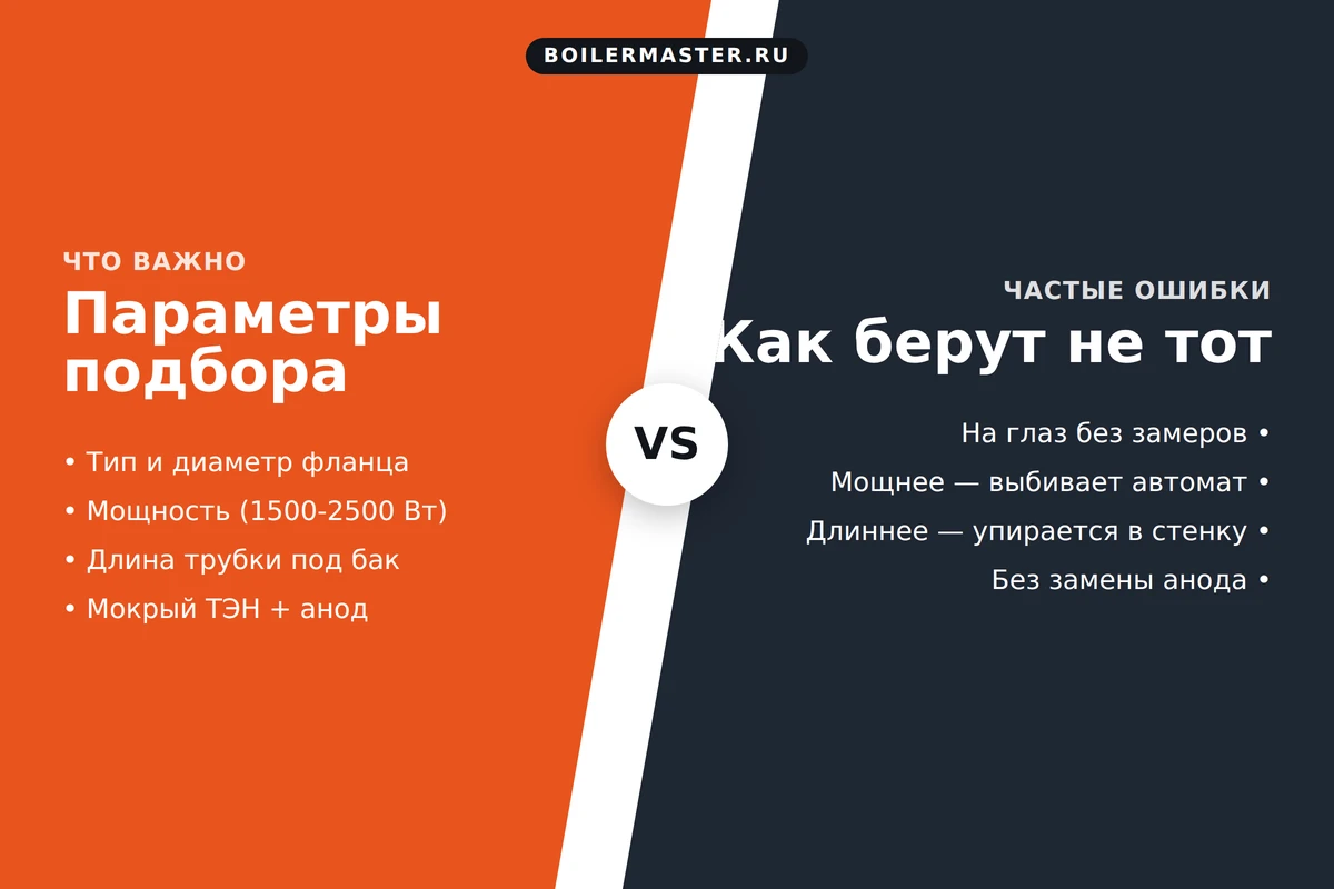 Инфографика: параметры ТЭНа Edisson ER - тип, мощность, фланец
