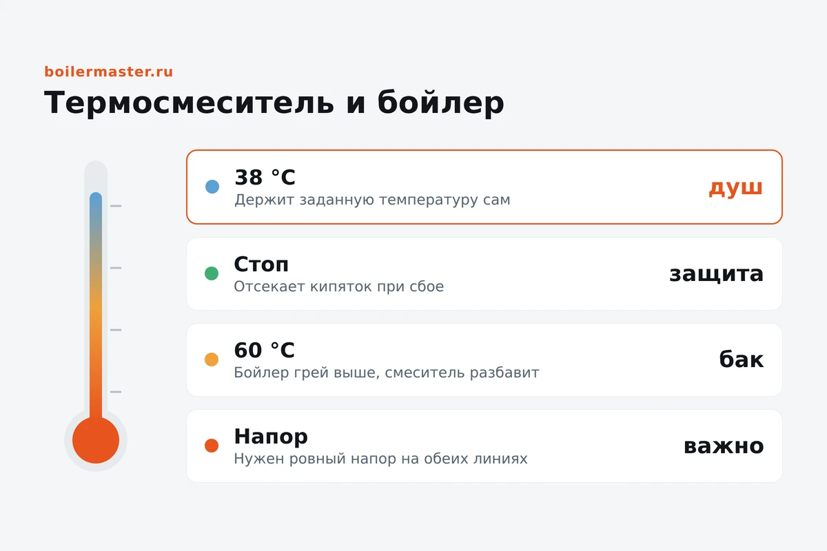 Термостатический смеситель с шкалой температуры в ванной с водонагревателем