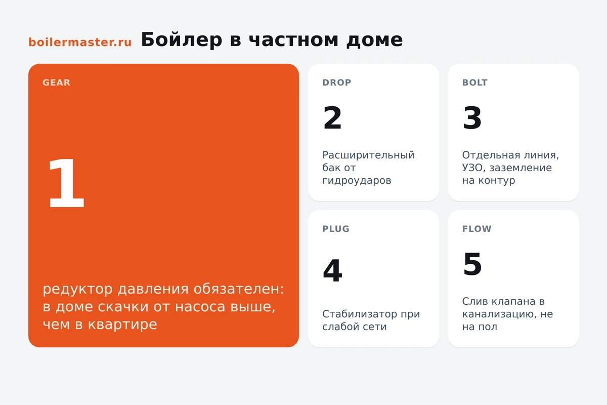 Водонагреватель смонтирован в котельной частного дома рядом с вводом воды