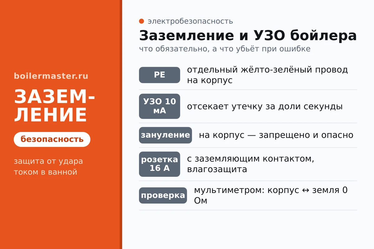 Инфографика: заземление и УЗО водонагревателя, что обязательно и что опасно